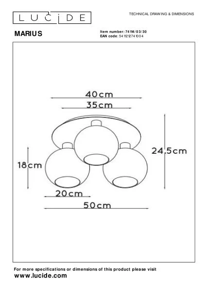 Lucide MARIUS - Flush ceiling light - 3xE27 - Black - technical